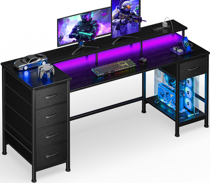 Korfile 55 Inch Gaming Computer Desk with Power Outlets,LED,5 Drawers,Black