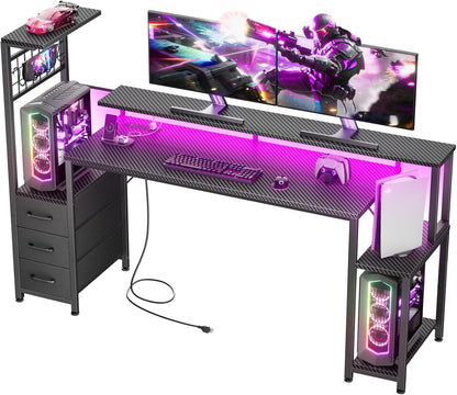 Gaming Desk with LED Lights & Power Outlets,Computer Desk with Fabric Drawers & Side Hook