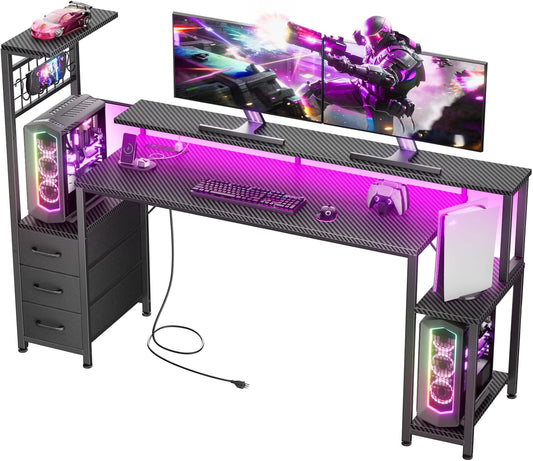 Gaming Desk with LED Lights & Power Outlets,Computer Desk with Fabric Drawers & Side Hook