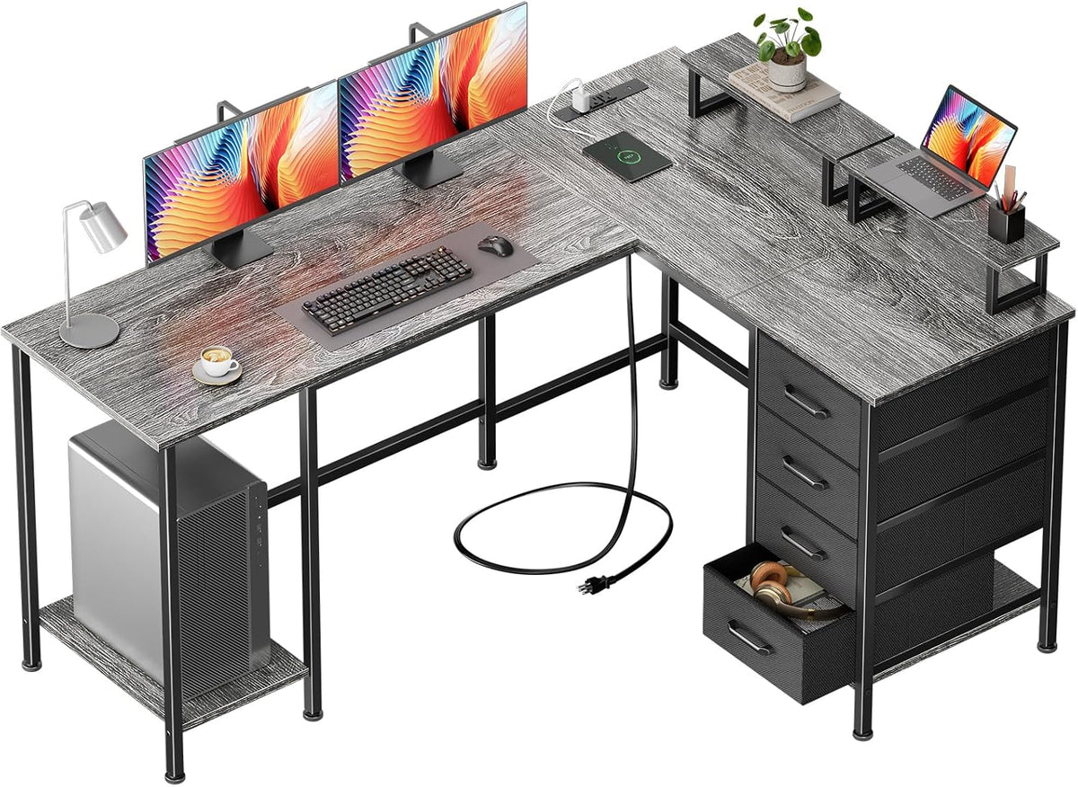 Korfile 59 inch L Shaped Computer Desk with Power Outlets, Home Office Desk with 4 Adjustable Storage Drawers & 2 Monitor Stands, Two Person Gaming Table for Bedroom, Grey