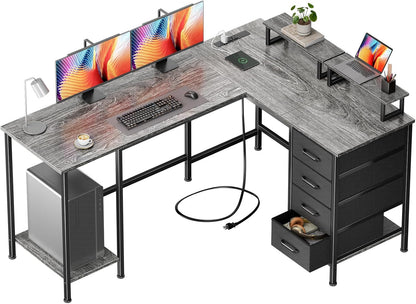 Korfile 59 inch L Shaped Computer Desk with Power Outlets, Home Office Desk with 4 Adjustable Storage Drawers & 2 Monitor Stands, Two Person Gaming Table for Bedroom, Grey