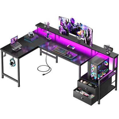 Korfile 57'' L Shaped Gaming Desk with Storage Drawers, Power Outlets, LED | Black Computer Desk with Host Stand, Reversible Corner Design for Gaming, Work, Home Office, Study Room, Bedroom