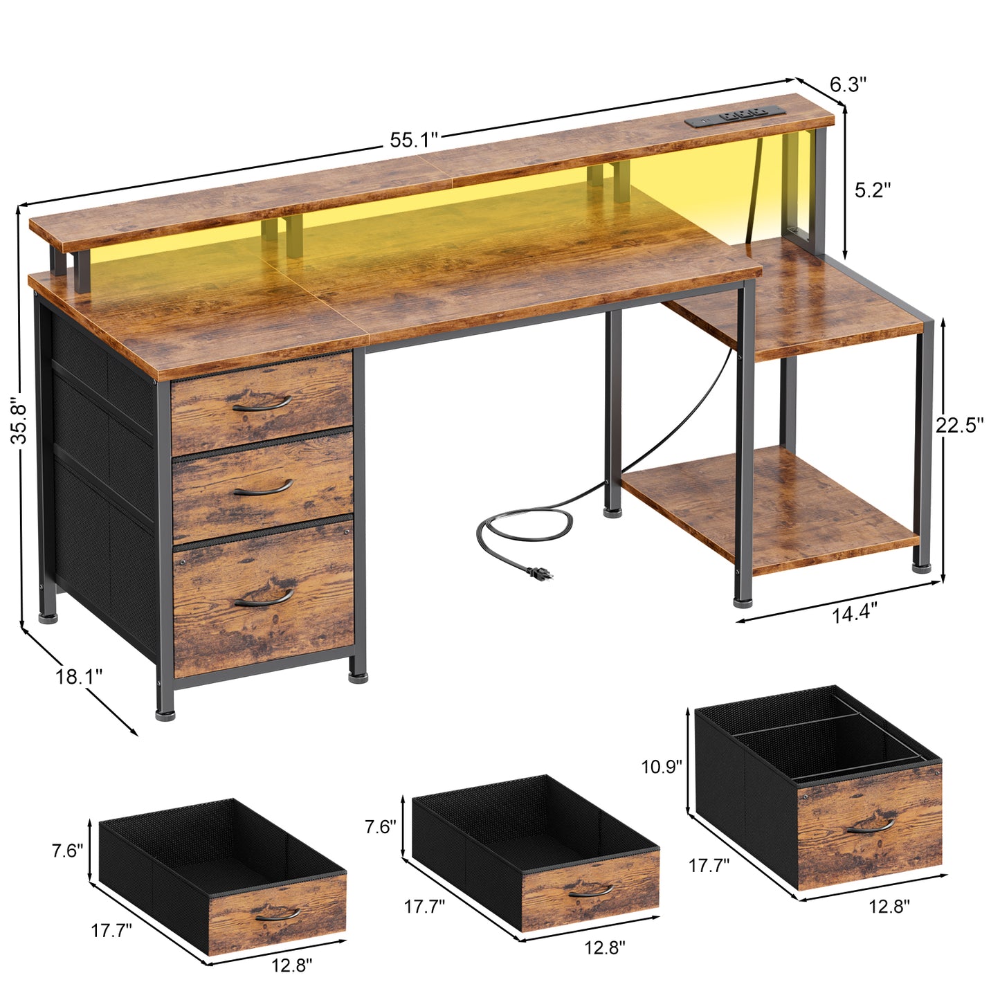 Korfile 55 Inch Computer Desk with Power Outlets, Home Office Desk with 3 Adjustable Storage Drawers & Monitor Stands, Gaming Table for Bedroom, Rustic Brown