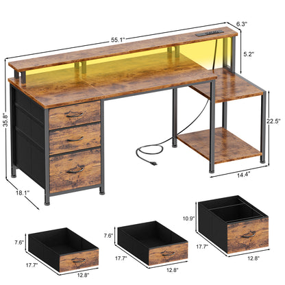Korfile 55 Inch Computer Desk with Power Outlets, Home Office Desk with 3 Adjustable Storage Drawers & Monitor Stands, Gaming Table for Bedroom, Rustic Brown