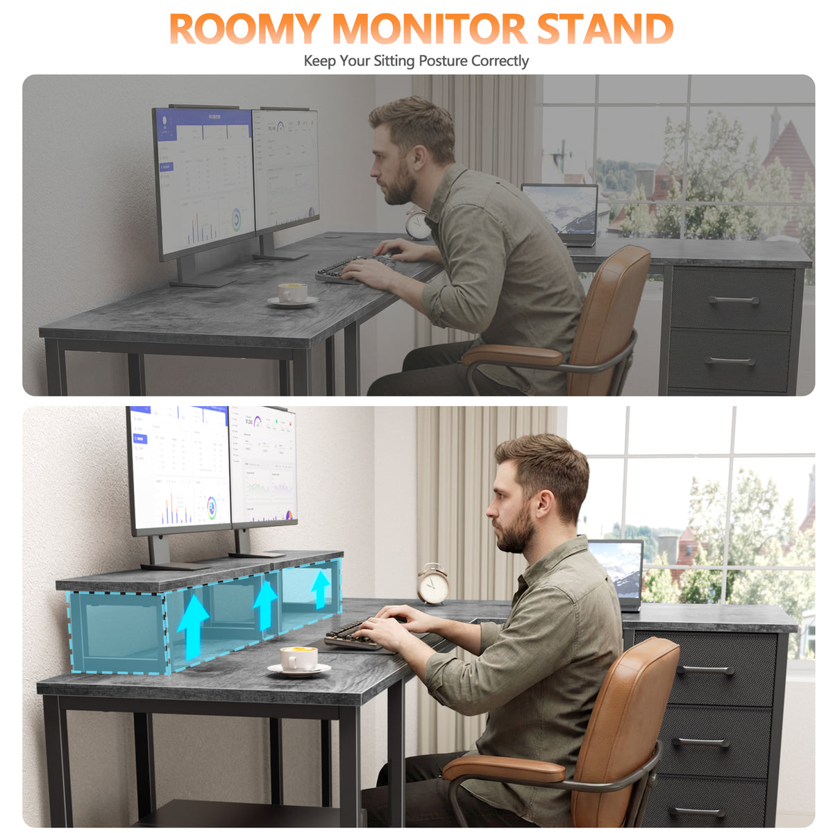 Korfile 59 inch L Shaped Computer Desk with Power Outlets, Home Office Desk with 4 Adjustable Storage Drawers & 2 Monitor Stands, Two Person Gaming Table for Bedroom, Grey