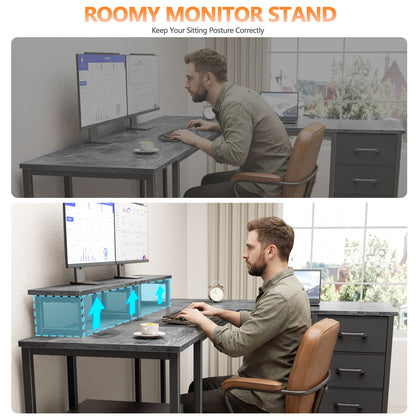 Korfile 59 inch L Shaped Computer Desk with Power Outlets, Home Office Desk with 4 Adjustable Storage Drawers & 2 Monitor Stands, Two Person Gaming Table for Bedroom, Grey