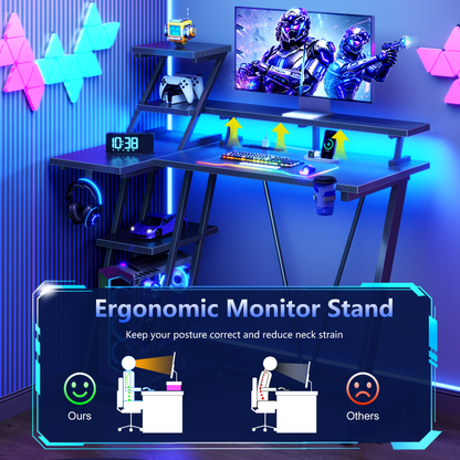 Korfile 40'' Gaming Desk with Power Outlet & LED, Carbon Fiber Black | Computer Gaming Table, Corner Desk, L Shaped, Reversible, Storage Shelves, Monitor Stand, for gaming, work