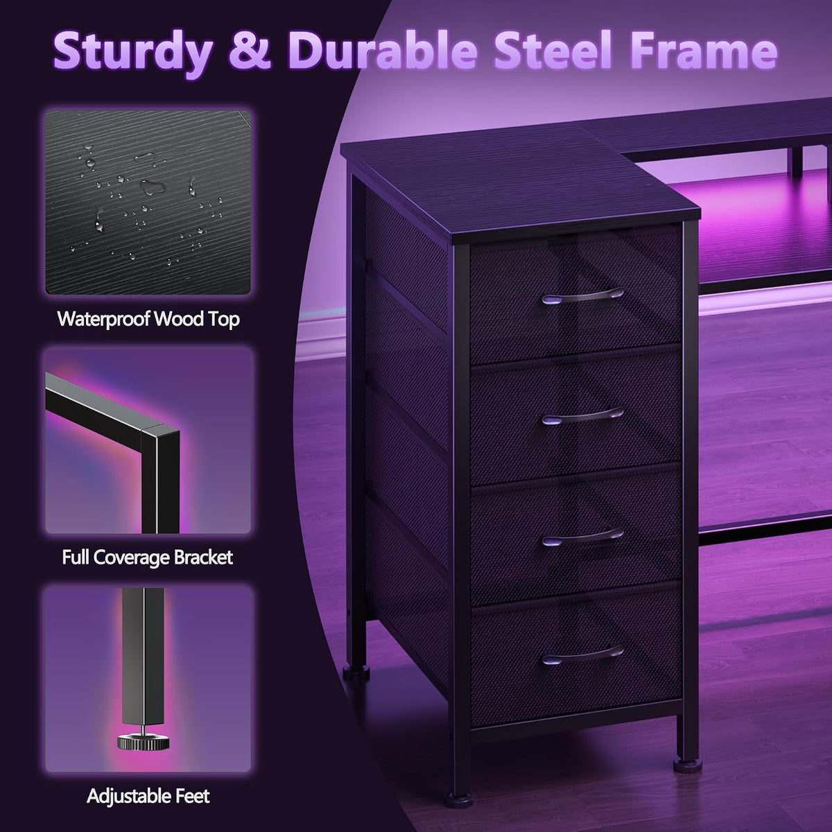 Korfile 61 Inch Gaming Computer Desk with Power Outlets,LED,5 Drawers,Black