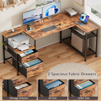 Korfile 57 Inch L Shaped Gaming Desk with Power Outlets, Reversible Computer Desk with 2 Fabric Drawers & Printer Stand, Office Desk with Mesh Shelves, Rustic Brown
