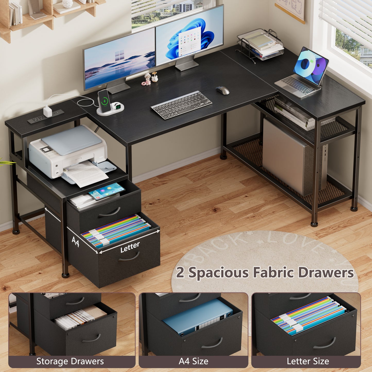 Korfile 57 Inch L Shaped Gaming Desk with Power Outlets, Reversible Computer Desk with 2 Fabric Drawers & Printer Stand, Office Desk with Mesh Shelves, Black