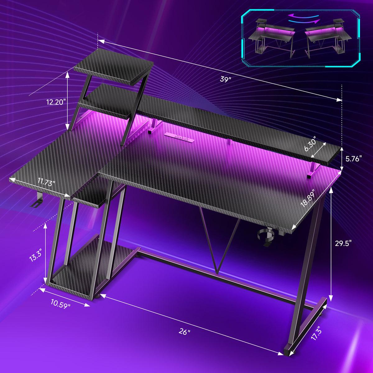 Korfile 40 Inch Gaming Desk with LED & Power Outlet, Carbon Fiber Black
 |
 L Shaped Computer Gaming Table, Reversible Corner Desk, Storage Shelves, Monitor Stand, for Home Office & Gaming Room