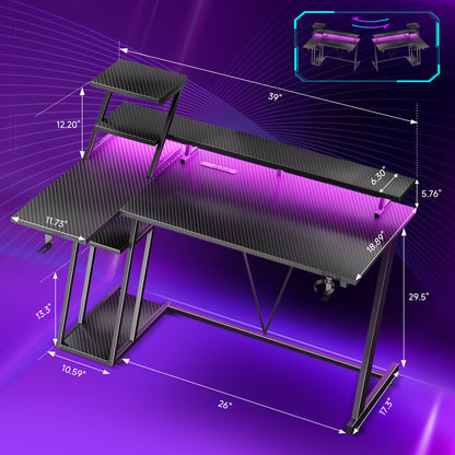 Korfile 40 Inch Gaming Desk with LED & Power Outlet, Carbon Fiber Black
 |
 L Shaped Computer Gaming Table, Reversible Corner Desk, Storage Shelves, Monitor Stand, for Home Office & Gaming Room