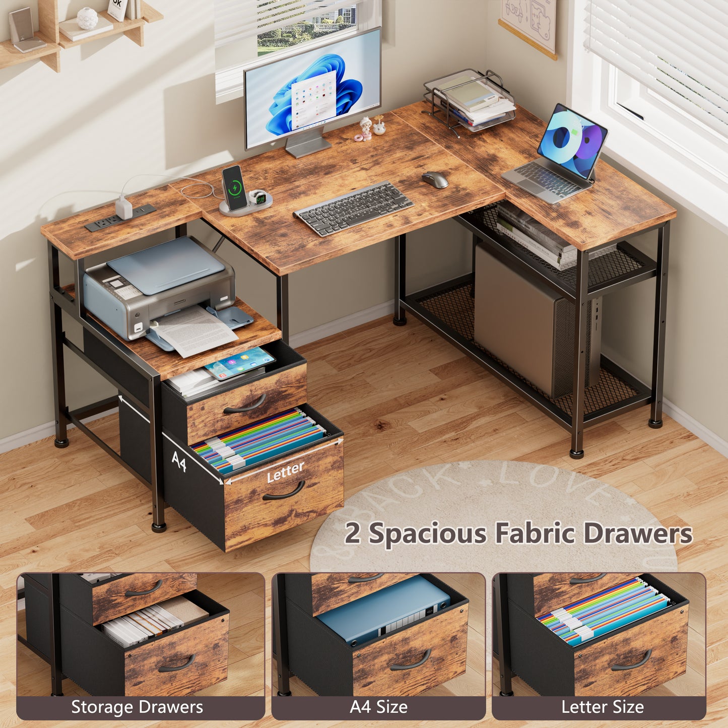 Korfile 49 Inch L Shaped Gaming Desk with Power Outlets, Reversible Computer Desk with 2 Fabric Drawers & Printer Stand, Office Desk with Mesh Shelves, Rustic Brown