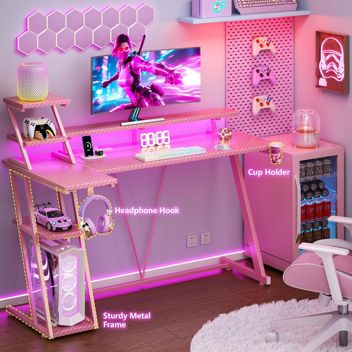 Korfile 55 Inch Pink Gaming Desk with LED Lights & Power Outlet, Gaming Computer Desk with Storage Shelves, L Shaped Gamer Workstations with Monitor Stand for Bedroom