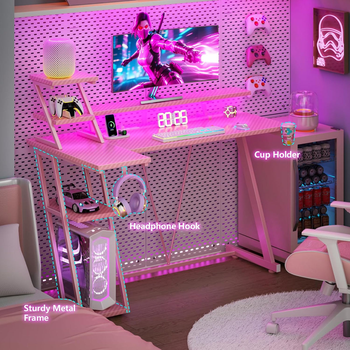 Korfile 47 Inch Pink Gaming Desk with LED Lights & Power Outlet, Gaming Computer Desk with Storage Shelves, L Shaped Gamer Workstations with Monitor Stand for Bedroom