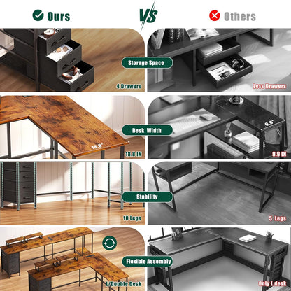 66" L Shaped Desk with Power Outlets - 4 Drawers, 2 Monitor Stands | Office & Gaming for 2