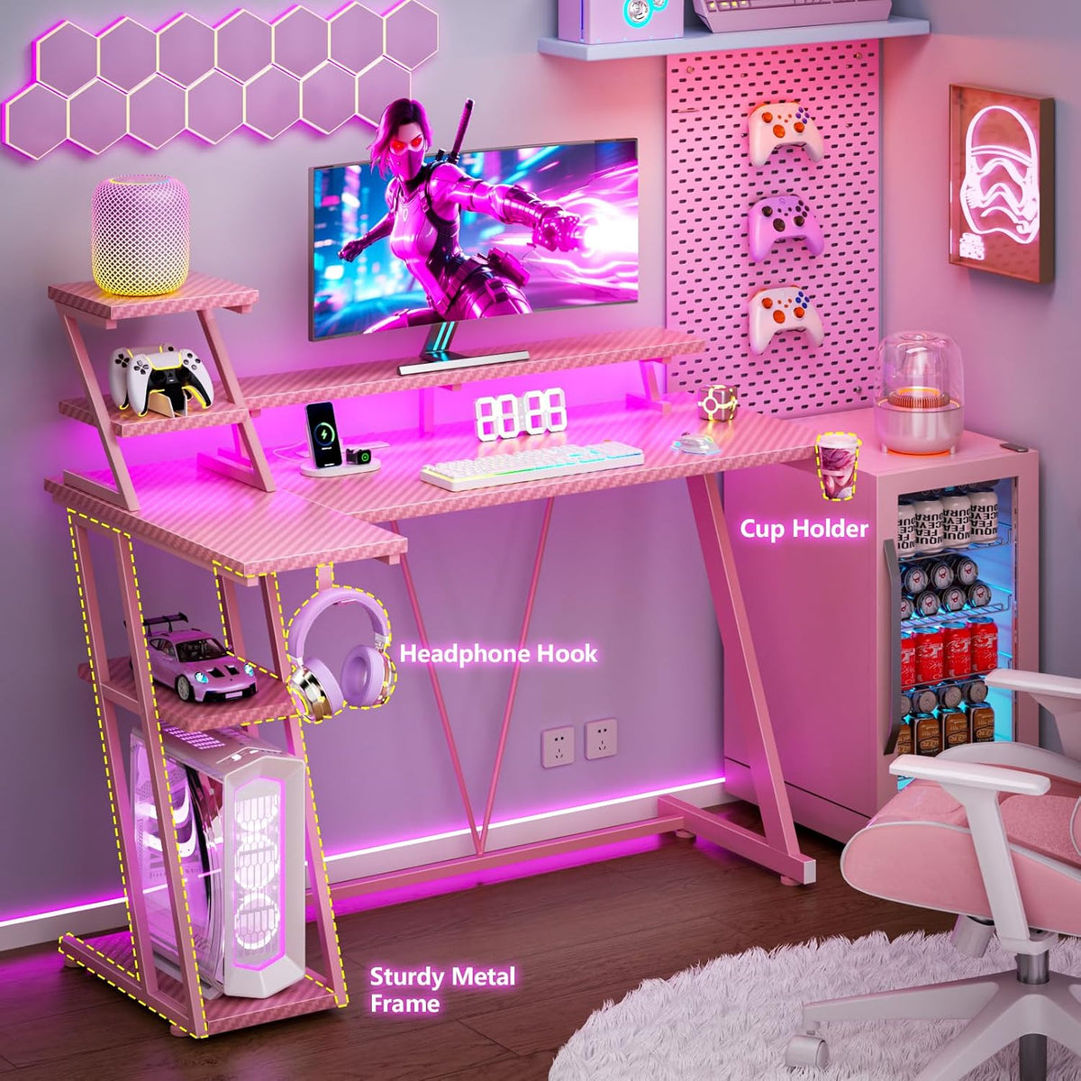 Korfile 40 Inch Pink Gaming Desk with LED Lights & Power Outlet, Small Gaming Computer Desk with Storage Shelves, L Shaped Gamer Workstations with Monitor Stand for Bedroom