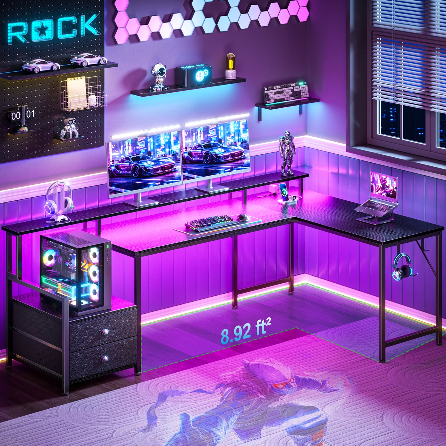 Korfile 66" L Shaped Gaming Desk with Drawers and Storage Shelves, Reversible Corner Desk with Power Outlets and Host Stand, Large Computer Desk with Led Lights for Gaming, Work, Home Office, Black