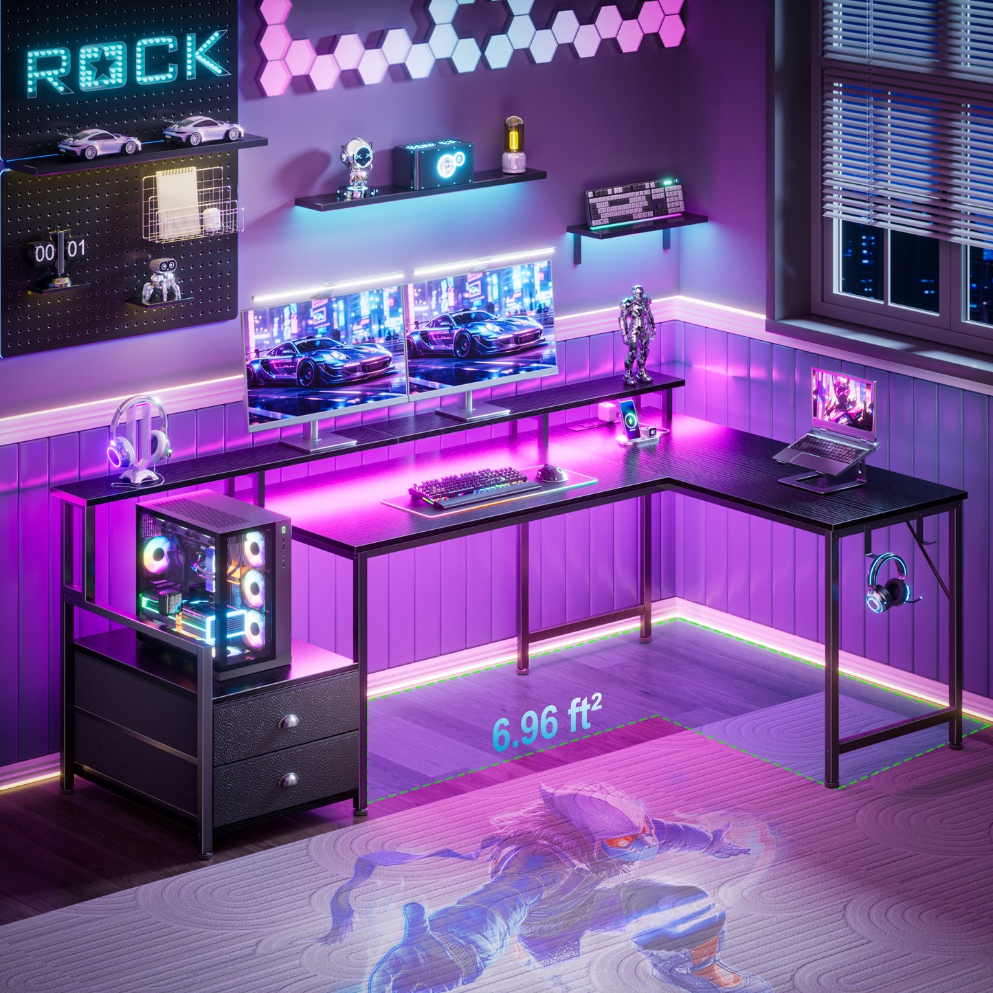 Korfile 57'' L Shaped Gaming Desk with Storage Drawers, Power Outlets, LED | Black Computer Desk with Host Stand, Reversible Corner Design for Gaming, Work, Home Office, Study Room, Bedroom