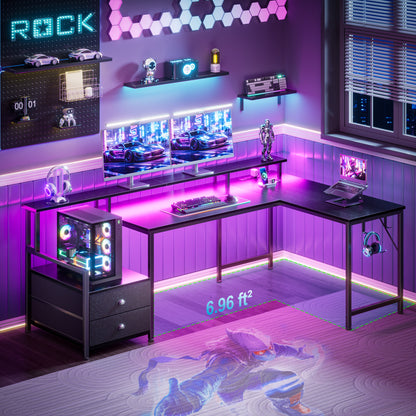 Korfile 57'' L Shaped Gaming Desk with Storage Drawers, Power Outlets, LED | Black Computer Desk with Host Stand, Reversible Corner Design for Gaming, Work, Home Office, Study Room, Bedroom