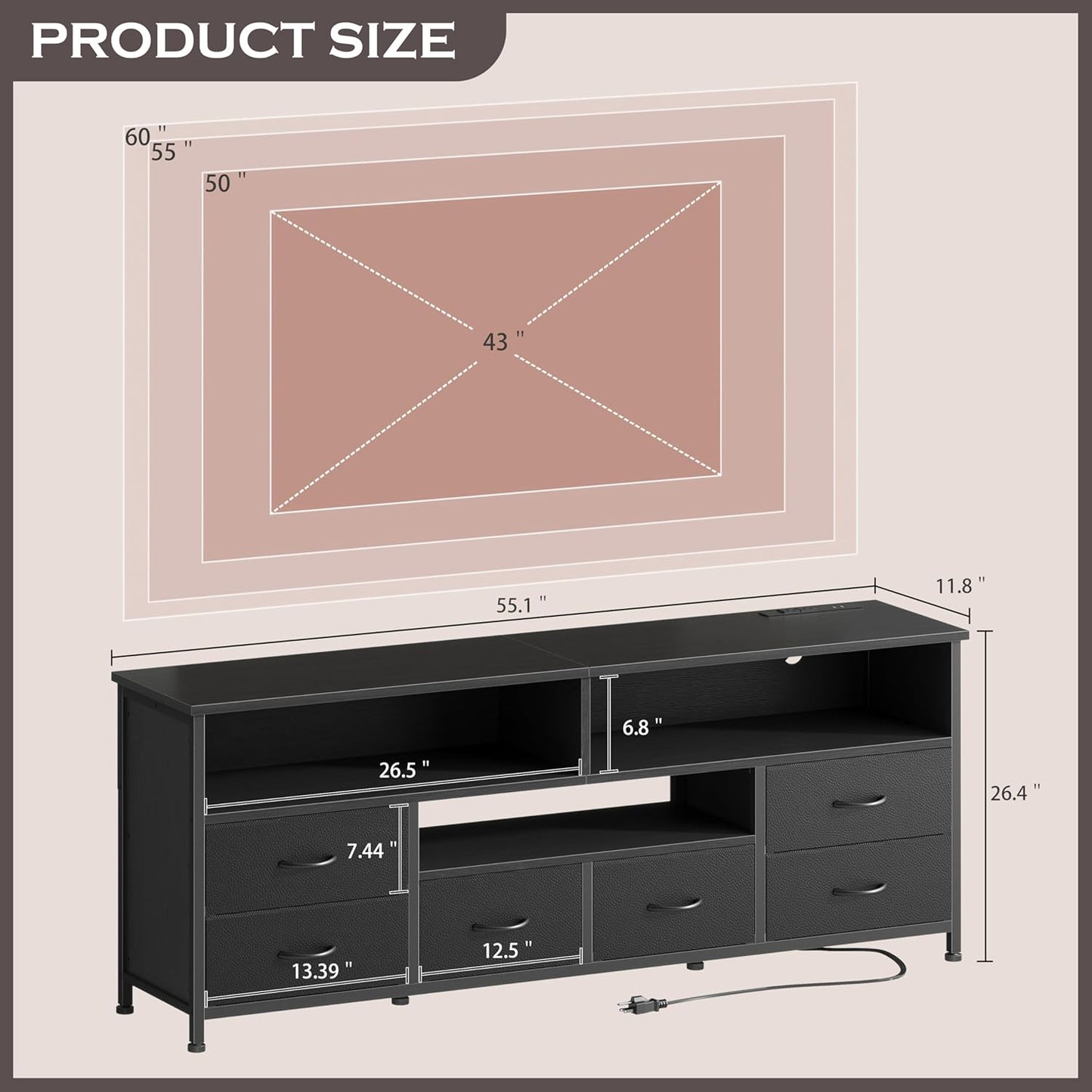 Korfile 55 Inch LED TV Stand for Bedroom, 6 Drawers Entertainment Center with Power Outlets for 50/55/60 Inch TV, Media Console Table with Shelves for Living Room & Hallway, PU Leather Surface, Black