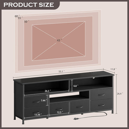 Korfile 55 Inch LED TV Stand for Bedroom, 6 Drawers Entertainment Center with Power Outlets for 50/55/60 Inch TV, Media Console Table with Shelves for Living Room & Hallway, PU Leather Surface, Black