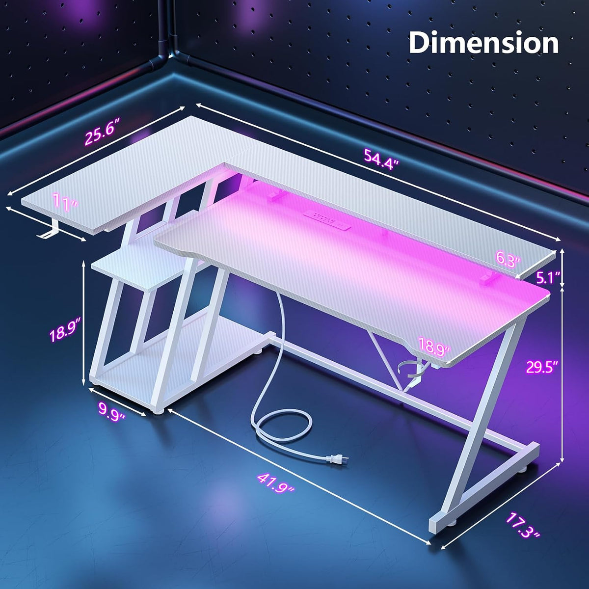 55 Inch Gaming Desk with Power Outlet & LED Lights, L Shaped Computer Gaming Table with 3 Tiers Storage Shelves, Corner Gamer Desk with Monitor Stand for Small Space, White