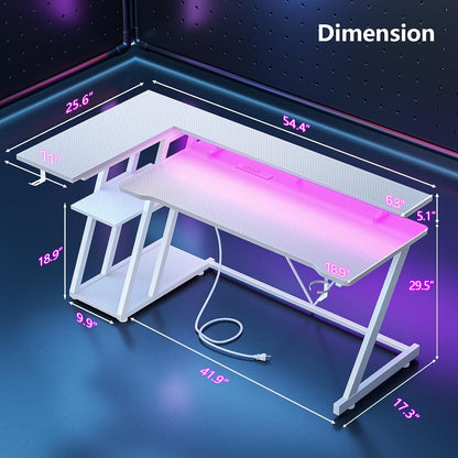 55 Inch Gaming Desk with Power Outlet & LED Lights, L Shaped Computer Gaming Table with 3 Tiers Storage Shelves, Corner Gamer Desk with Monitor Stand for Small Space, White
