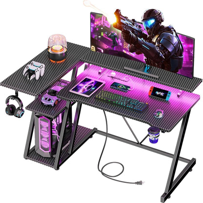 55 Inch Gaming Desk with Power Outlet & LED Lights, L Shaped Computer Gaming Table with 3 Tiers Storage Shelves, Corner Gamer Desk with Monitor Stand for Small Space, Carbon Fiber Black