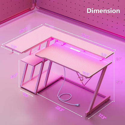 40 Inch Gaming Desk with Power Outlet & LED Lights, L Shaped Computer Gaming Table with 3 Tiers Storage Shelves, Corner Gamer Desk with Monitor Stand for Small Space, Pink