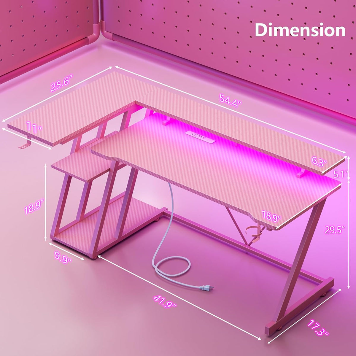 55 Inch Gaming Desk with Power Outlet & LED Lights, L Shaped Computer Gaming Table with 3 Tiers Storage Shelves, Corner Gamer Desk with Monitor Stand for Small Space, Pink