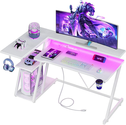 47 Inch Gaming Desk with Power Outlet & LED Lights, L Shaped Computer Gaming Table with 3 Tiers Storage Shelves, Corner Gamer Desk with Monitor Stand for Small Space, White
