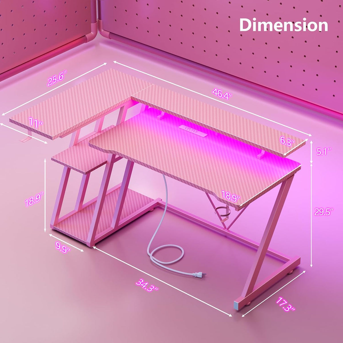 47 Inch Gaming Desk with Power Outlet & LED Lights, L Shaped Computer Gaming Table with 3 Tiers Storage Shelves, Corner Gamer Desk with Monitor Stand for Small Space, Pink