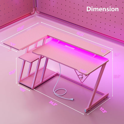 47 Inch Gaming Desk with Power Outlet & LED Lights, L Shaped Computer Gaming Table with 3 Tiers Storage Shelves, Corner Gamer Desk with Monitor Stand for Small Space, Pink