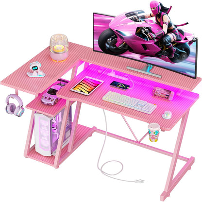 47 Inch Gaming Desk with Power Outlet & LED Lights, L Shaped Computer Gaming Table with 3 Tiers Storage Shelves, Corner Gamer Desk with Monitor Stand for Small Space, Pink