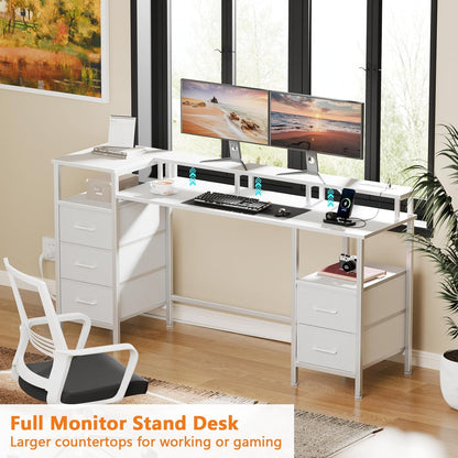 55" Gaming Desk Power Outlets & LED Lights - Reversible Office Desk with Fabric Drawers