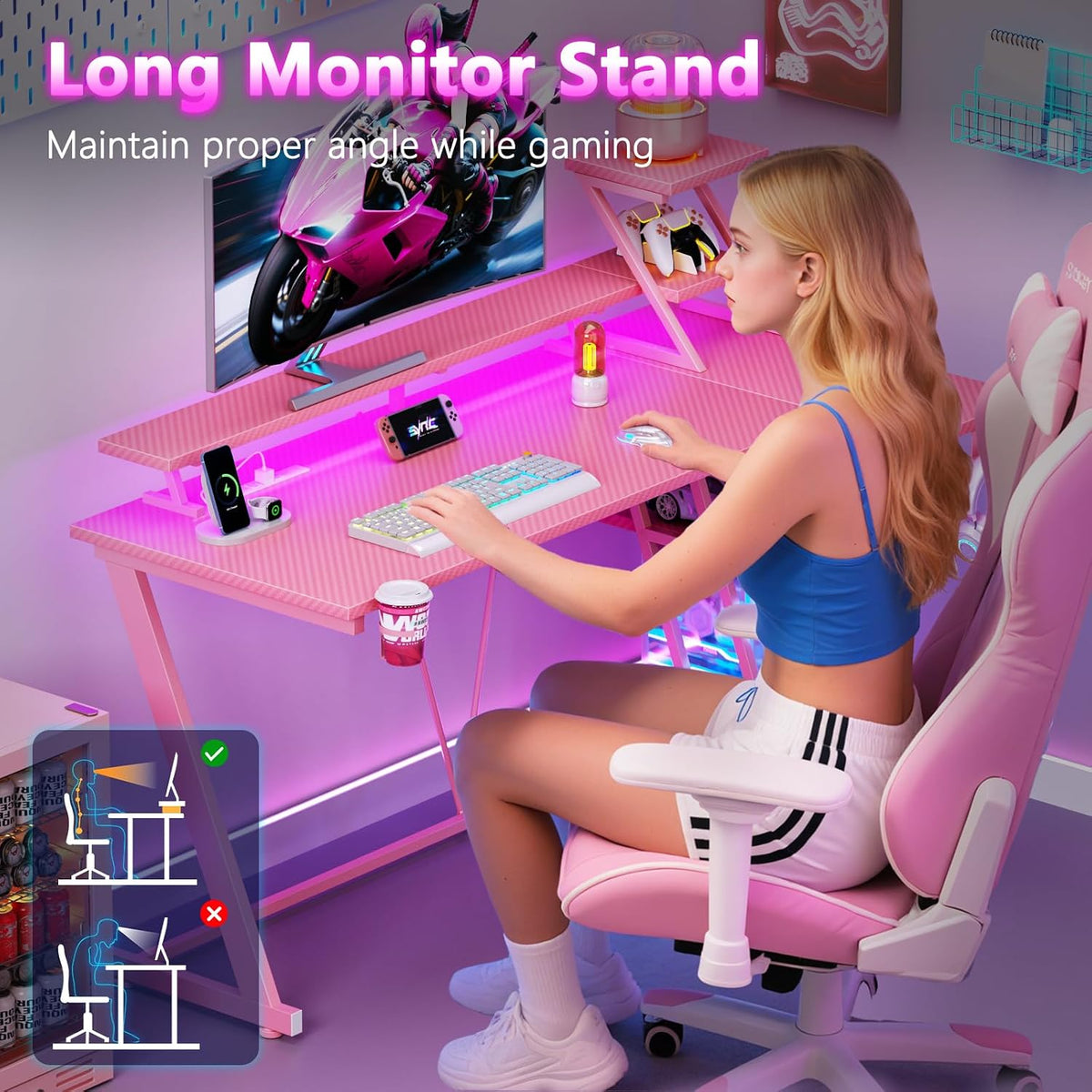 Korfile 47 Inch Pink Gaming Desk with LED Lights & Power Outlet, Gaming Computer Desk with Storage Shelves, L Shaped Gamer Workstations with Monitor Stand for Bedroom