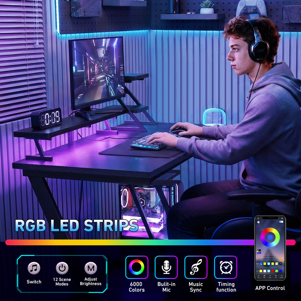 Korfile 40 Inch Gaming Desk with LED & Power Outlet, Carbon Fiber Black
 |
 L Shaped Computer Gaming Table, Reversible Corner Desk, Storage Shelves, Monitor Stand, for Home Office & Gaming Room