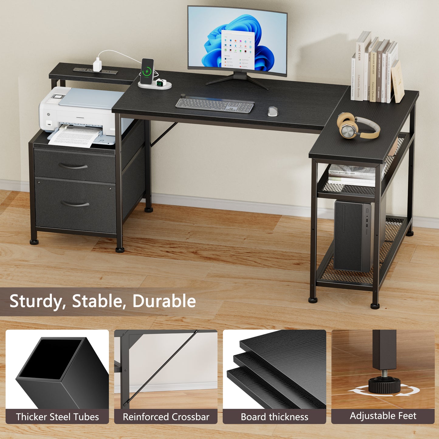 Korfile 57 Inch L Shaped Gaming Desk with Power Outlets, Reversible Computer Desk with 2 Fabric Drawers & Printer Stand, Office Desk with Mesh Shelves, Black