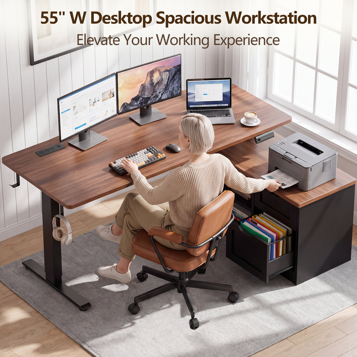 Korfile
 55"
 L
 Standing
 Desk
 with
 Storage
 Drawers,
 Memory
 Preset,
 Outlets