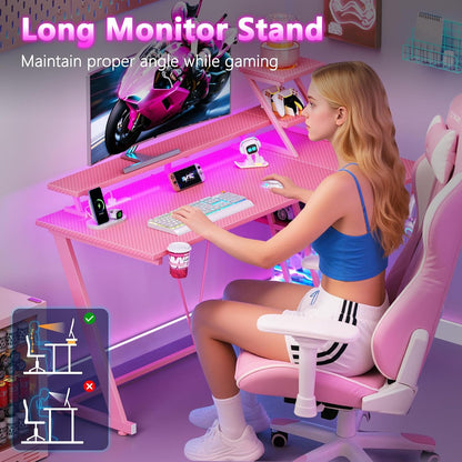 Korfile 40 Inch Pink Gaming Desk with LED Lights & Power Outlet, Small Gaming Computer Desk with Storage Shelves, L Shaped Gamer Workstations with Monitor Stand for Bedroom