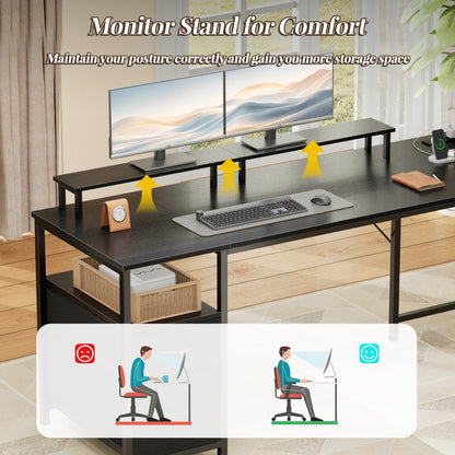 Korfile 57" L Shaped Computer Desk with File Drawers & Power Outlets, Black | Home Office Desk w/ 4 Drawers, LED Lights, Reversible, Monitor Stand, Gaming Table for Corner Space, Ideal for Study, Writing