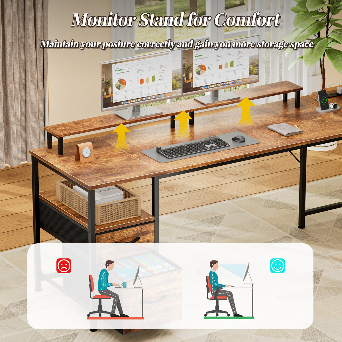 Korfile 65" L Shaped Computer Desk with File Drawer, Rustic Brown | Home Office Desk w/ 4 Drawers, LED Lights, Reversible, Monitor Stand, Gaming Table for Corner Space, Ideal for Study, Writing