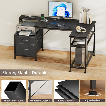 Korfile 49 Inch L Shaped Gaming Desk with Power Outlets, Reversible Computer Desk with 2 Fabric Drawers & Printer Stand, Office Desk with Mesh Shelves, Black