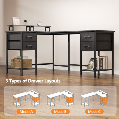 Korfile 59 inch L Shaped Computer Desk with Power Outlets, Home Office Desk with 4 Adjustable Storage Drawers & 2 Monitor Stands, Two Person Gaming Table for Bedroom, Grey