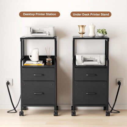 4-Tier Rolling Printer Stand with Power Outlets - Mobile Cart with 2 Drawers & Wheels for Office Use