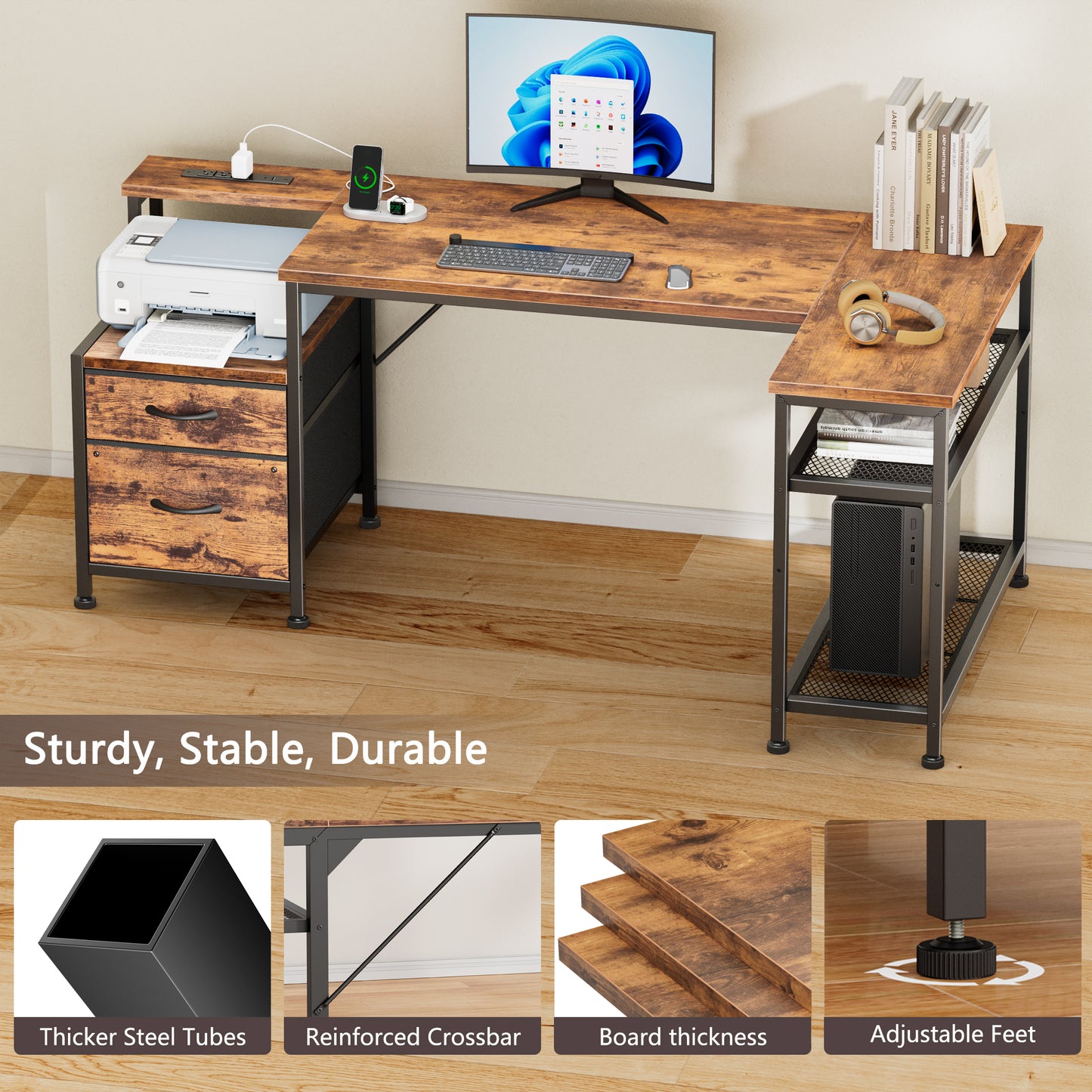 Korfile 57 Inch L Shaped Gaming Desk with Power Outlets, Reversible Computer Desk with 2 Fabric Drawers & Printer Stand, Office Desk with Mesh Shelves, Rustic Brown