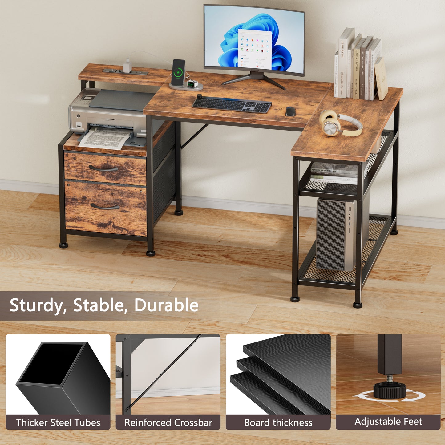 Korfile 49 Inch L Shaped Gaming Desk with Power Outlets, Reversible Computer Desk with 2 Fabric Drawers & Printer Stand, Office Desk with Mesh Shelves, Rustic Brown