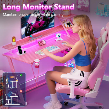 Korfile 55 Inch Pink Gaming Desk with LED Lights & Power Outlet, Gaming Computer Desk with Storage Shelves, L Shaped Gamer Workstations with Monitor Stand for Bedroom
