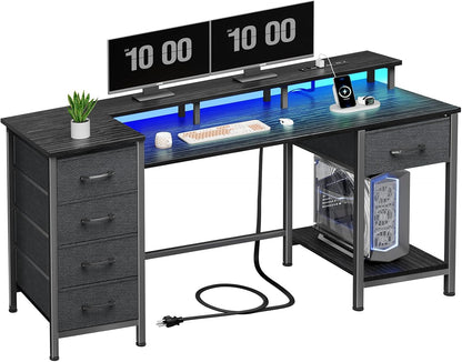 47" Gaming Desk with Power Outlets & RGB Lights - 5 Reversible Fabric Drawers for Office & Gaming